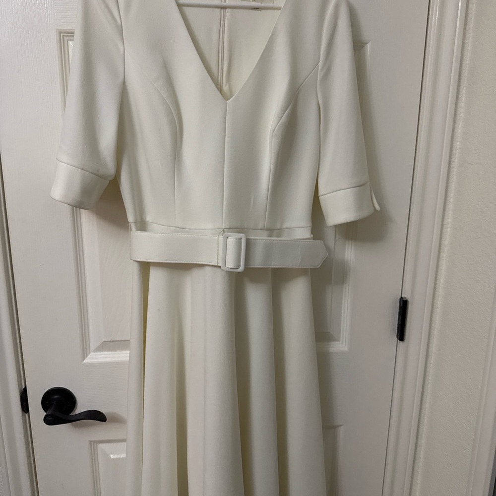 Harper Cream A-Line Dress with V-Neck and Cuffed Sleeves
